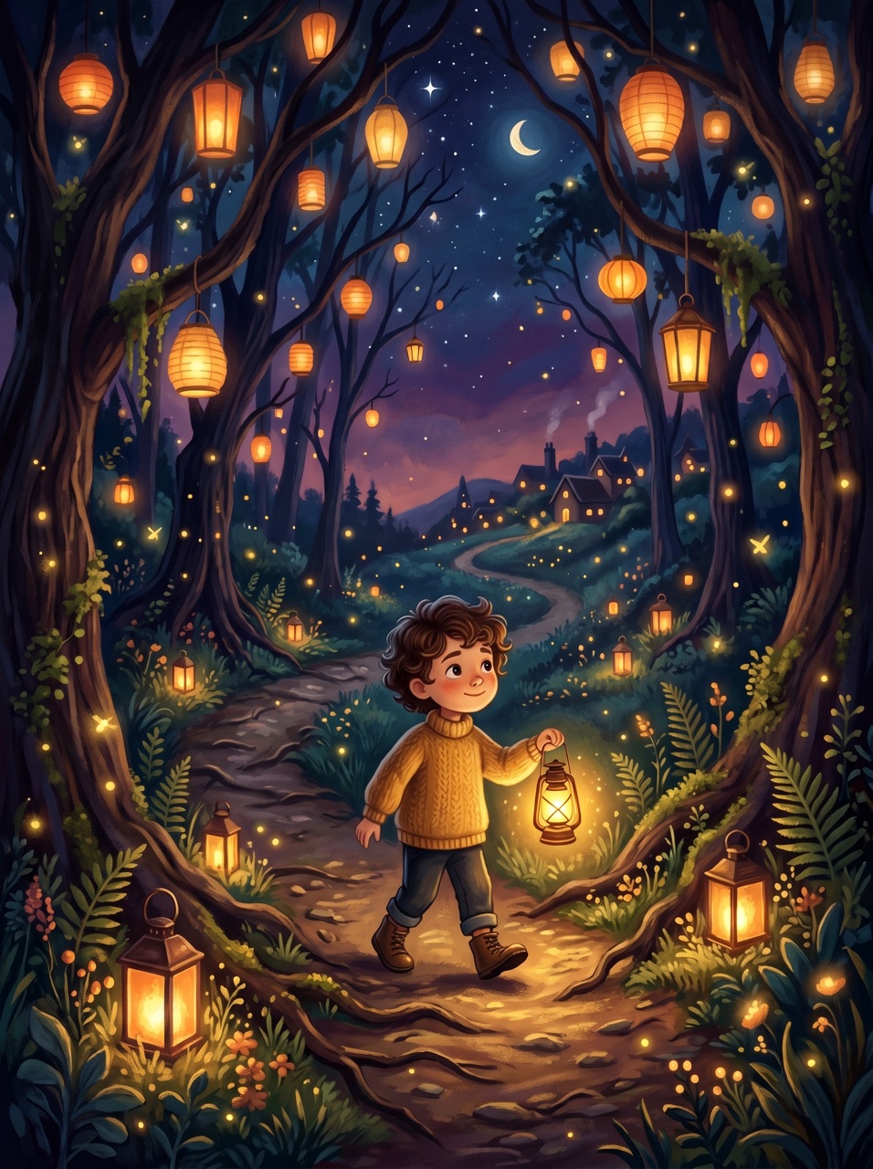 Milo walking through a grove of glowing lanterns at night