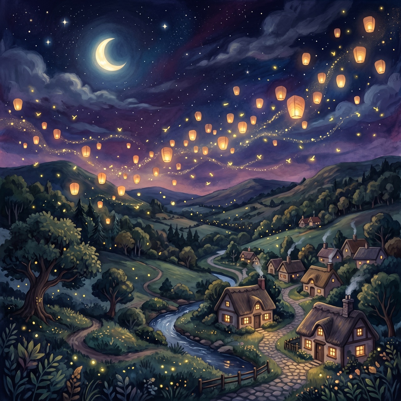 A village under a sky full of floating lanterns