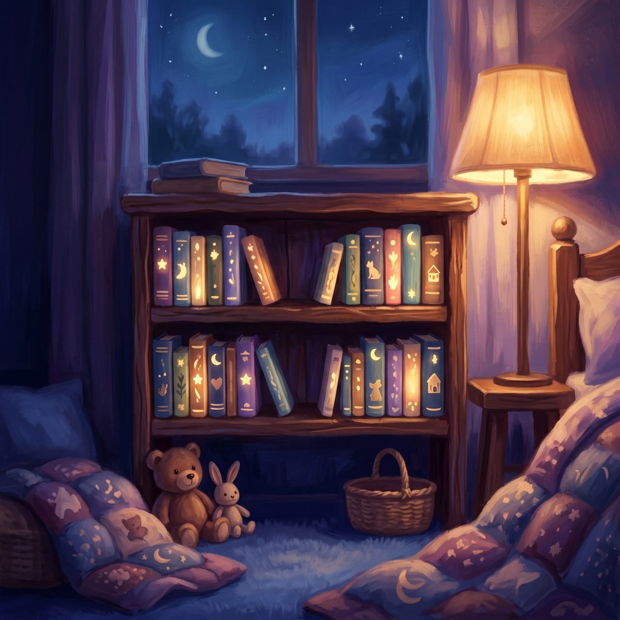 A cozy shelf of glowing storybooks