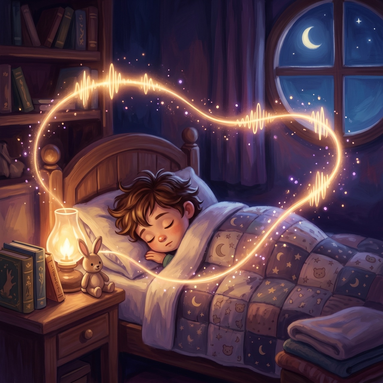 A sleeping child with a glowing ribbon of narration