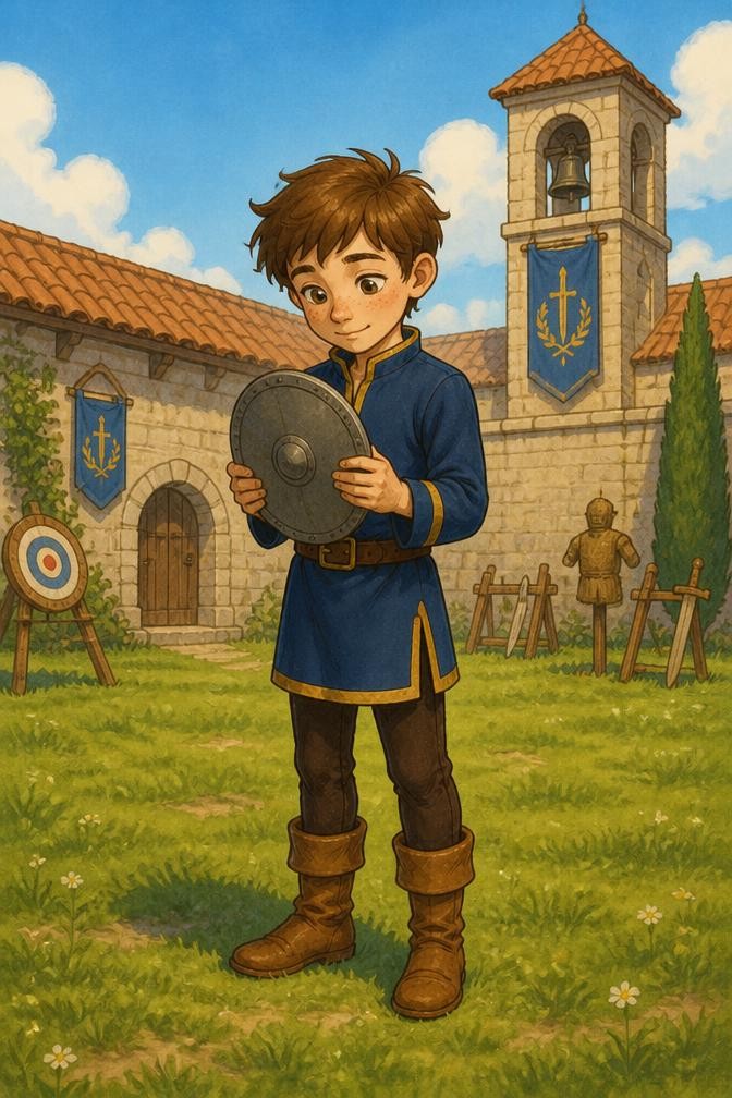 Finn studying his first shield in Hero School's sunny practice yard