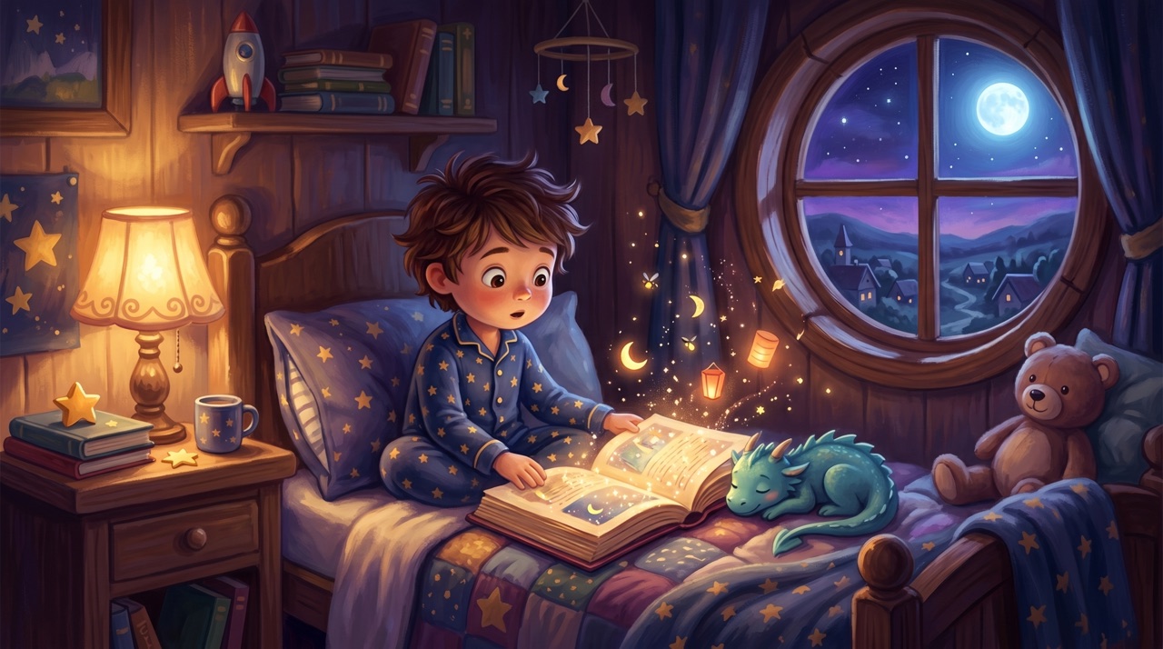 A child reading a glowing storybook in bed as a small dragon watches by the window